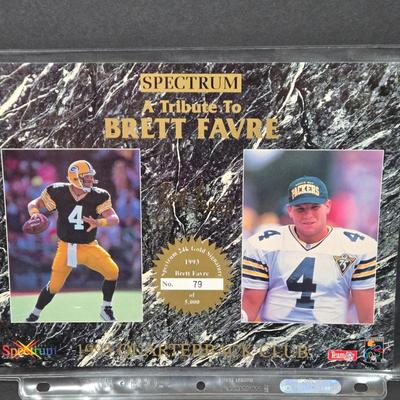LOT 105X: Numbered Spectrum 24k Gold Signature Brett Favre Photo, Favre Cap, and More
