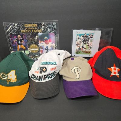 LOT 105X: Numbered Spectrum 24k Gold Signature Brett Favre Photo, Favre Cap, and More