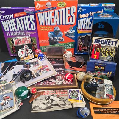 LOT 109Z: Sports Memorabilia Collector's Jackpot Including Wheaties Boxes, Assorted Cards, Bobble Head, and More