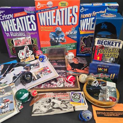 LOT 109Z: Sports Memorabilia Collector's Jackpot Including Wheaties Boxes, Assorted Cards, Bobble Head, and More