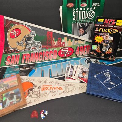 LOT 110Z: Assorted Sports Fan's Collectibles Including Penants, Cards, and More