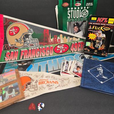 LOT 110Z: Assorted Sports Fan's Collectibles Including Penants, Cards, and More