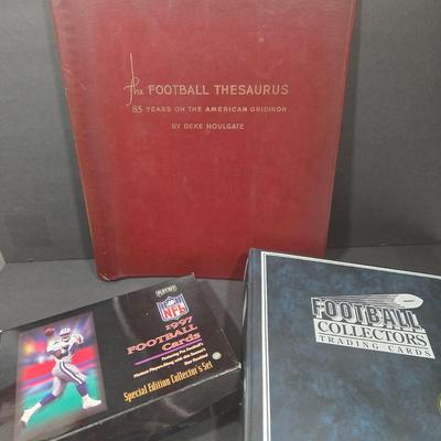 LOT 119Z: Numbered The Football Thesaurus by Deke Houlgate, Football Trading Card Binder with Plastic Protective Sheets, and Playoff NFL...