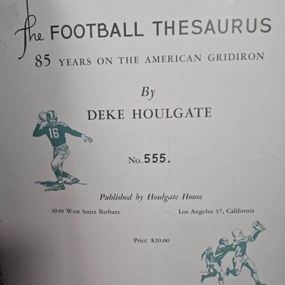 LOT 119Z: Numbered The Football Thesaurus by Deke Houlgate, Football Trading Card Binder with Plastic Protective Sheets, and Playoff NFL...