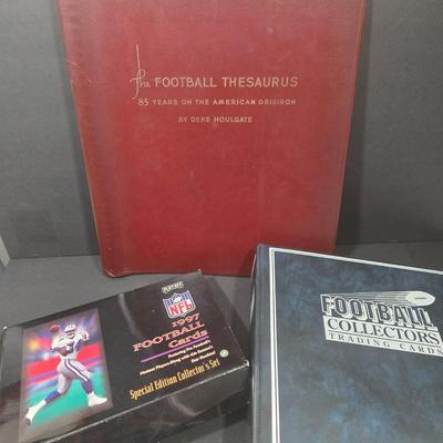 LOT 119Z: Numbered The Football Thesaurus by Deke Houlgate, Football Trading Card Binder with Plastic Protective Sheets, and Playoff NFL...