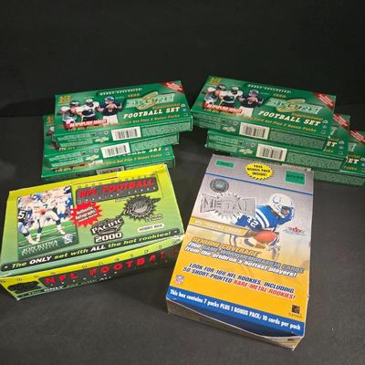 LOT 120Z: Six Boxes Score Supplemental Football Trading Cards/ Many Unopened Packs, Box of Fleer, and Pacific Football Trading Cards