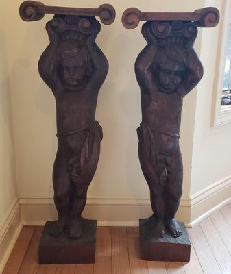 LOT 132D: Pair of Vintage Hand Carved Wooden Cherub Pillars/Statues