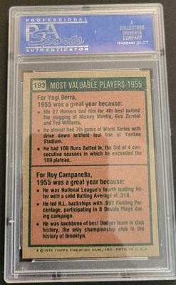 Sale Photo Thumbnail #36: 1975 Topps 1955 MVPS PSA Grade Mint 9 card #193