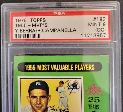 Sale Photo Thumbnail #35: 1975 Topps 1955 MVPS PSA Grade Mint 9 card #193
