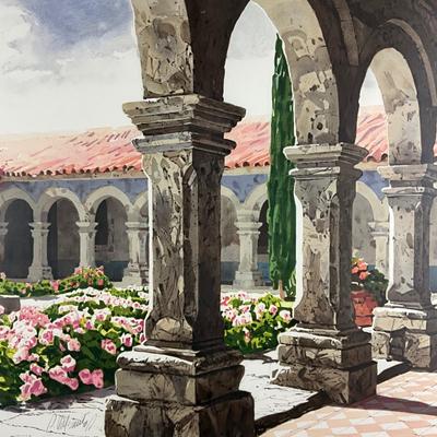 105 Hand Pulled Lithograph By Altino Villasante "The Courtyard In Spring"