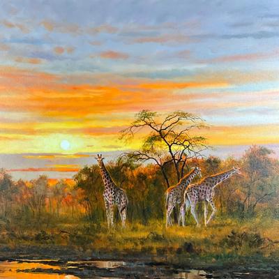 108 Oil Painting Of African Sunset With Giraffes By Grant Hacking