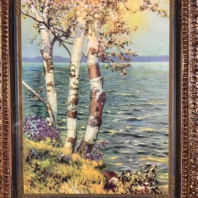 121 Vintage "Birch Trees By The Lake" Print in Antique Frame