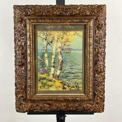 121 Vintage "Birch Trees By The Lake" Print in Antique Frame