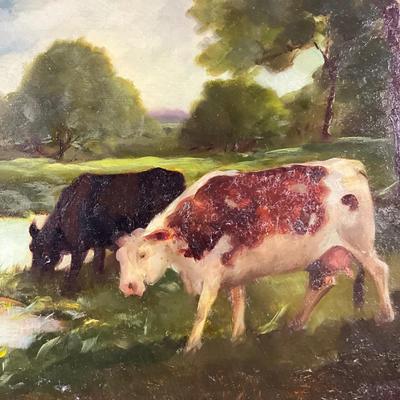 131 Oil Painting Cows Grazing On Board