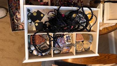 JEWELRY BOX FILLED WITH BRACELETS. EARRINGS AND NECKLACES