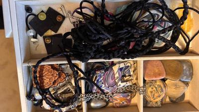 JEWELRY BOX FILLED WITH BRACELETS. EARRINGS AND NECKLACES