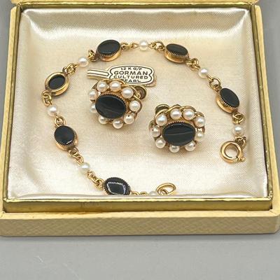 LOT 2: Vintage 12K Gold Fill Gorman Cultured Pearl Bracelet and Screwback Earrings Set