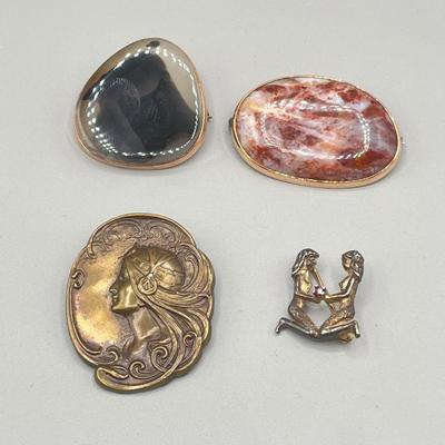 LOT 3: Four Vintage Pins / Brooches Including One Sterling Signed Les Bernard
