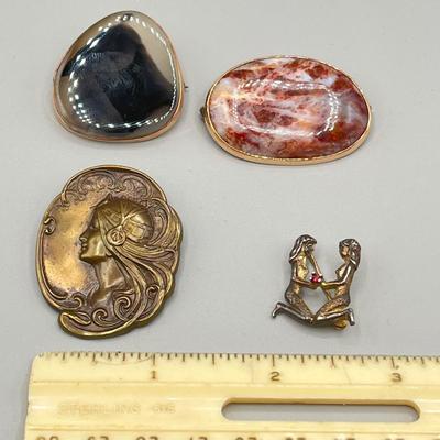 LOT 3: Four Vintage Pins / Brooches Including One Sterling Signed Les Bernard