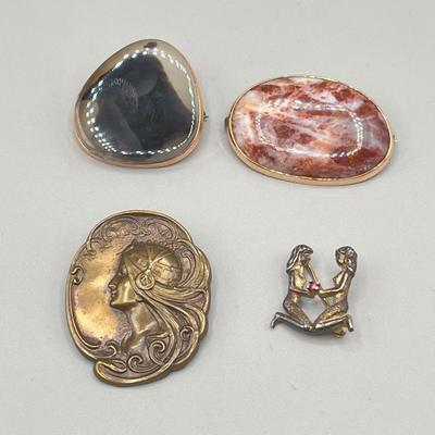 LOT 3: Four Vintage Pins / Brooches Including One Sterling Signed Les Bernard