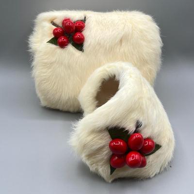 LOT 16: Vintage Children's Rabbit Fur Christmas Muff and Fascinator / Hair Clip Set