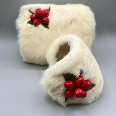 LOT 16: Vintage Children's Rabbit Fur Christmas Muff and Fascinator / Hair Clip Set
