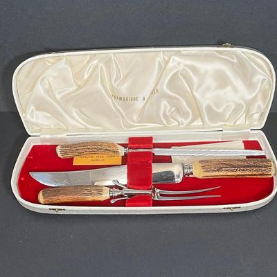 LOT 20: Picnic Basket and Vintage Stag Horn Cutlery Carving Set