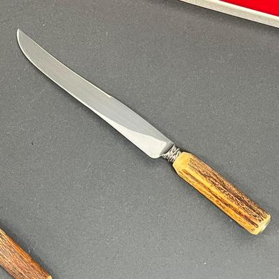 LOT 20: Picnic Basket and Vintage Stag Horn Cutlery Carving Set