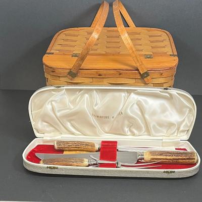 LOT 20: Picnic Basket and Vintage Stag Horn Cutlery Carving Set