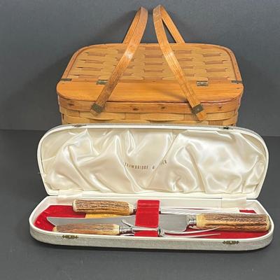 LOT 20: Picnic Basket and Vintage Stag Horn Cutlery Carving Set