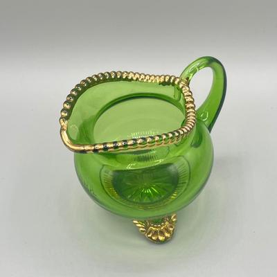 LOT 25: Antique Emerald Green Glass Cream and Sugar Set + Glass Lidded Tinket Dish