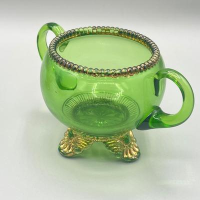 LOT 25: Antique Emerald Green Glass Cream and Sugar Set + Glass Lidded Tinket Dish
