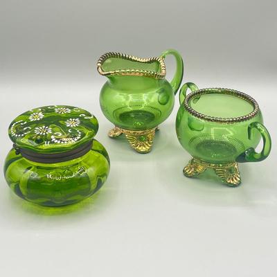 LOT 25: Antique Emerald Green Glass Cream and Sugar Set + Glass Lidded Tinket Dish
