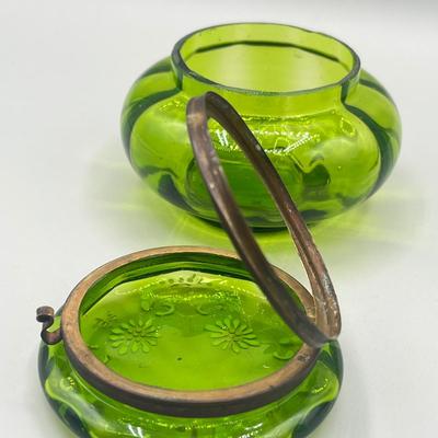 LOT 25: Antique Emerald Green Glass Cream and Sugar Set + Glass Lidded Tinket Dish