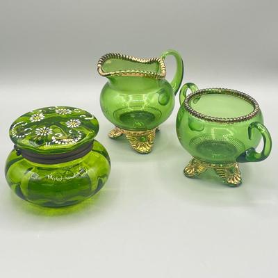 LOT 25: Antique Emerald Green Glass Cream and Sugar Set + Glass Lidded Tinket Dish