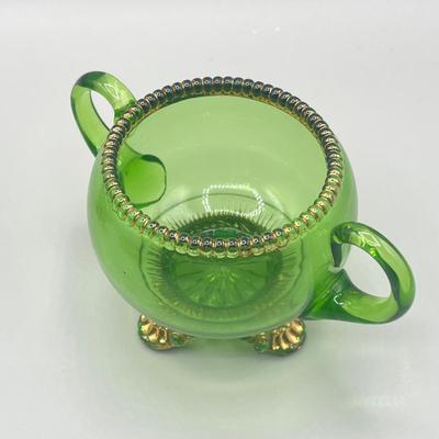 LOT 25: Antique Emerald Green Glass Cream and Sugar Set + Glass Lidded Tinket Dish