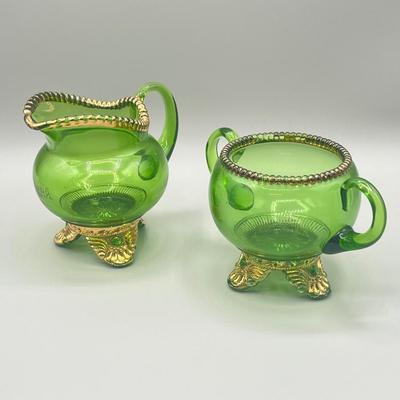 LOT 25: Antique Emerald Green Glass Cream and Sugar Set + Glass Lidded Tinket Dish