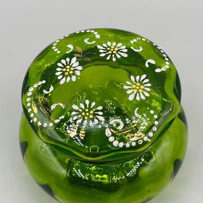 LOT 25: Antique Emerald Green Glass Cream and Sugar Set + Glass Lidded Tinket Dish