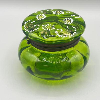 LOT 25: Antique Emerald Green Glass Cream and Sugar Set + Glass Lidded Tinket Dish