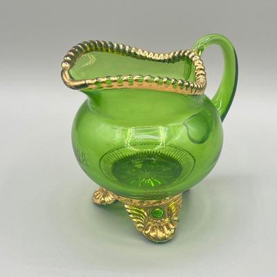 LOT 25: Antique Emerald Green Glass Cream and Sugar Set + Glass Lidded Tinket Dish