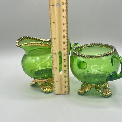 LOT 25: Antique Emerald Green Glass Cream and Sugar Set + Glass Lidded Tinket Dish