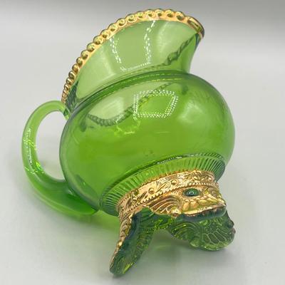 LOT 25: Antique Emerald Green Glass Cream and Sugar Set + Glass Lidded Tinket Dish