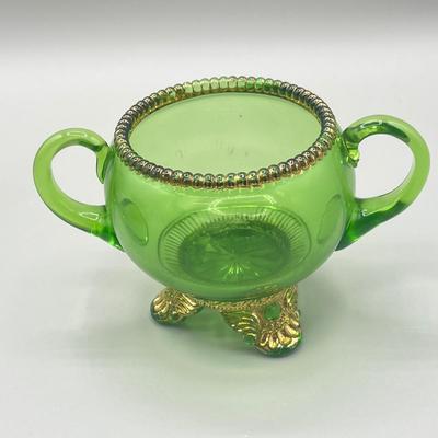 LOT 25: Antique Emerald Green Glass Cream and Sugar Set + Glass Lidded Tinket Dish