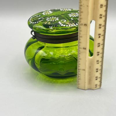 LOT 25: Antique Emerald Green Glass Cream and Sugar Set + Glass Lidded Tinket Dish