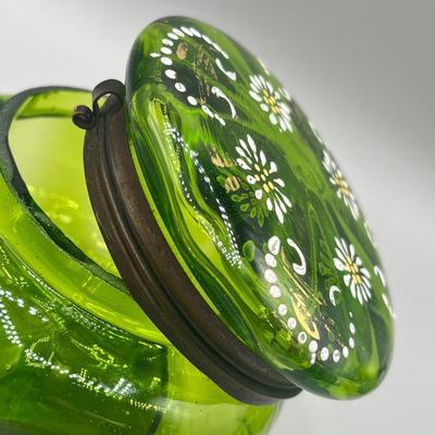 LOT 25: Antique Emerald Green Glass Cream and Sugar Set + Glass Lidded Tinket Dish