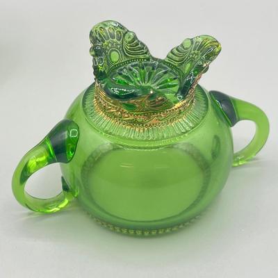 LOT 25: Antique Emerald Green Glass Cream and Sugar Set + Glass Lidded Tinket Dish
