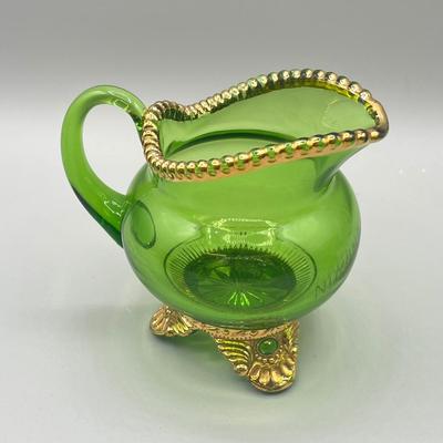 LOT 25: Antique Emerald Green Glass Cream and Sugar Set + Glass Lidded Tinket Dish