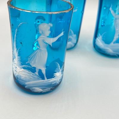 LOT 36: Six Antique Hand-Painted Mary Gregory Blue Glass Mugs