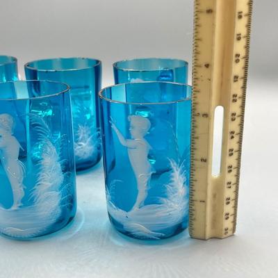 LOT 36: Six Antique Hand-Painted Mary Gregory Blue Glass Mugs