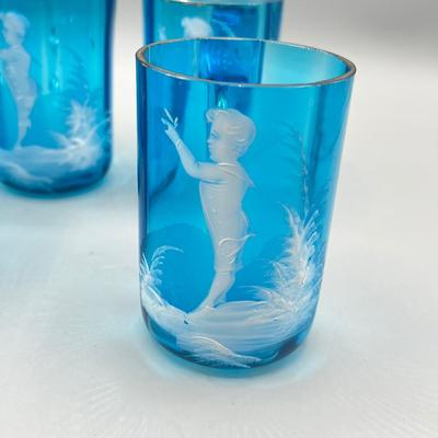 LOT 36: Six Antique Hand-Painted Mary Gregory Blue Glass Mugs